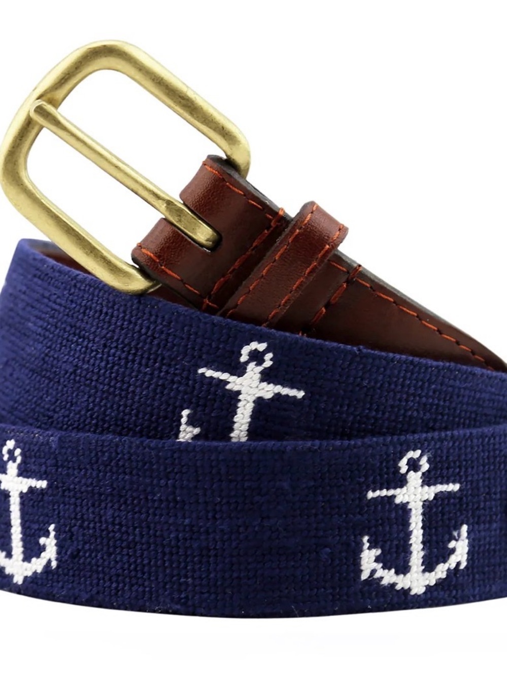 Smathers & Branson Men's Navy Anchor Embroidered Belt with Brown Leather Trim